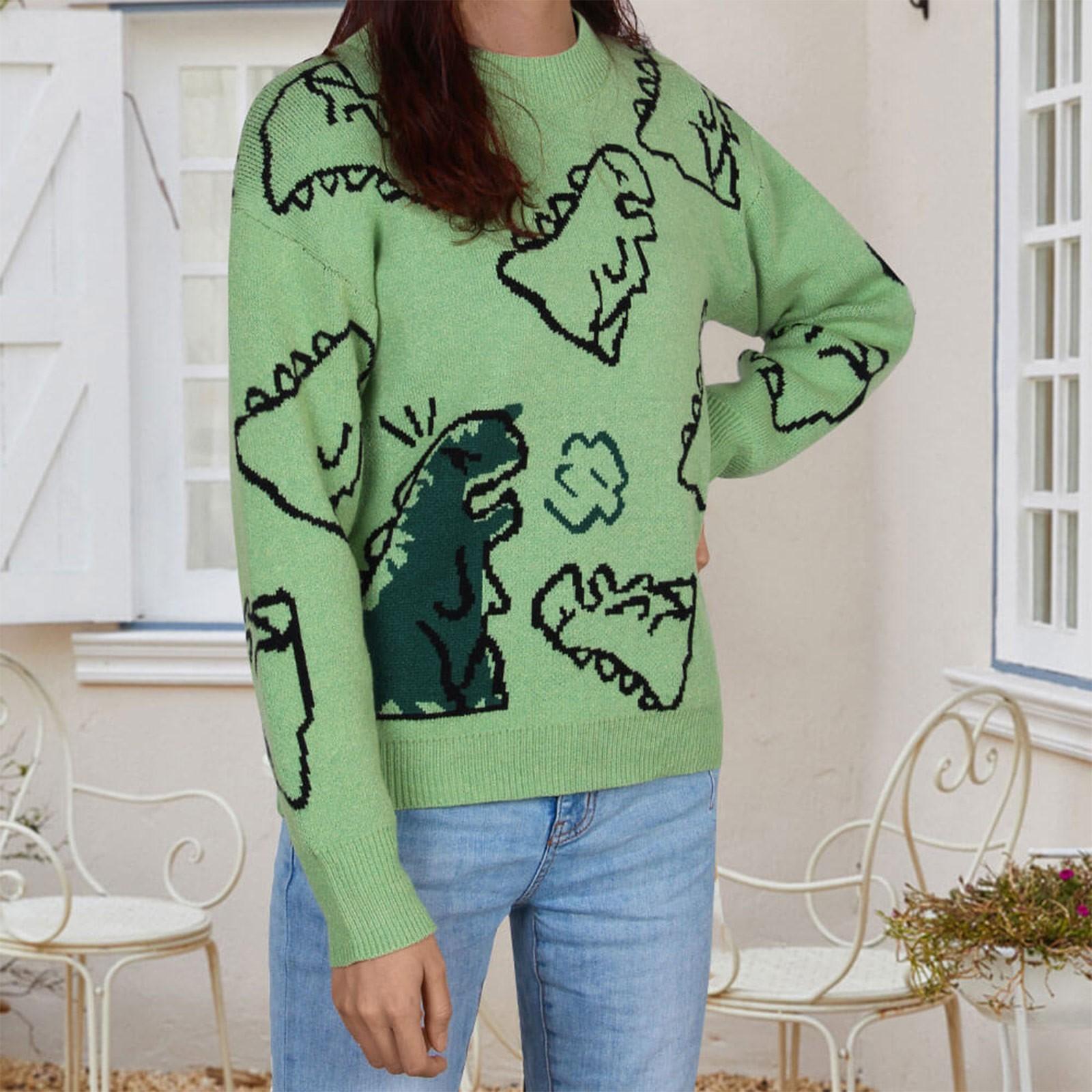 

Women’s Dinosaur Knit Sweater O-Neck Cute Oversized Pullover Sweaters L зелений