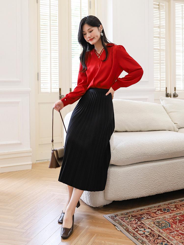 Temperamental Elegant High-Waist Woolen Pleated Skirt - Women's Mid-Length Swing Skirt