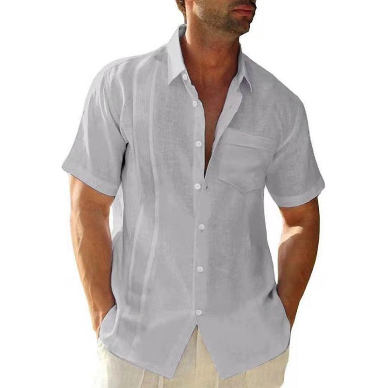 Summer  Men's Cotton and Linen Short Sleeve Shirts Casual Lightweight Button Shirts Vacation Beach Tops with Pocket