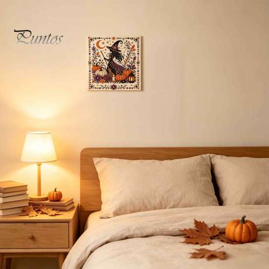 Kompletní balíček pro jehlovou práci Halloweenská výšivka, DIY sada stehů pro dospělé, Roztomilá čarodějnice, Světlý dýně, Duch, Černá kočka Vzor na stěnu