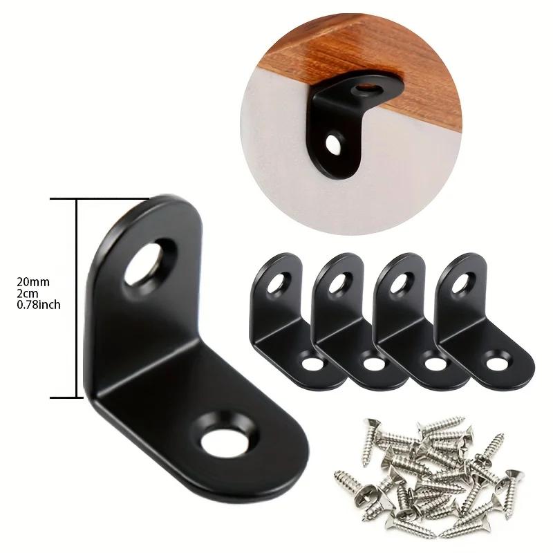 Heavy Duty L-Shaped Corner Brackets 20x20mm Stainless Steel & Black Iron with Screws - 10/20 Sets for Wardrobe/Wall/90° Fixing