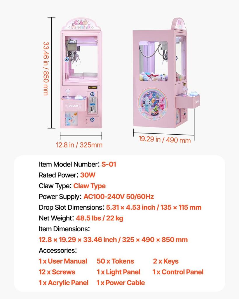Claw Crane Machine, Medium-Sized Arcade Game Machine with Light & Sound, Adjustable Steel Claws, Precise Toy Candy Grabber Prize Dispenser Vending