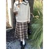 Japanese Preppy Style Autumn Winter Women Brown Plaid Skirt Elastic Waist Thicken Woolen Warm Skirt Elegant Wool Basic A-Line Skirt