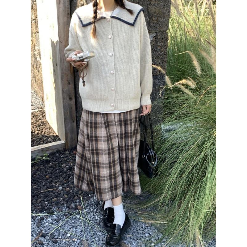 Japanese Preppy Style Autumn Winter Women Brown Plaid Skirt Elastic Waist Thicken Woolen Warm Skirt Elegant Wool Basic A-Line Skirt