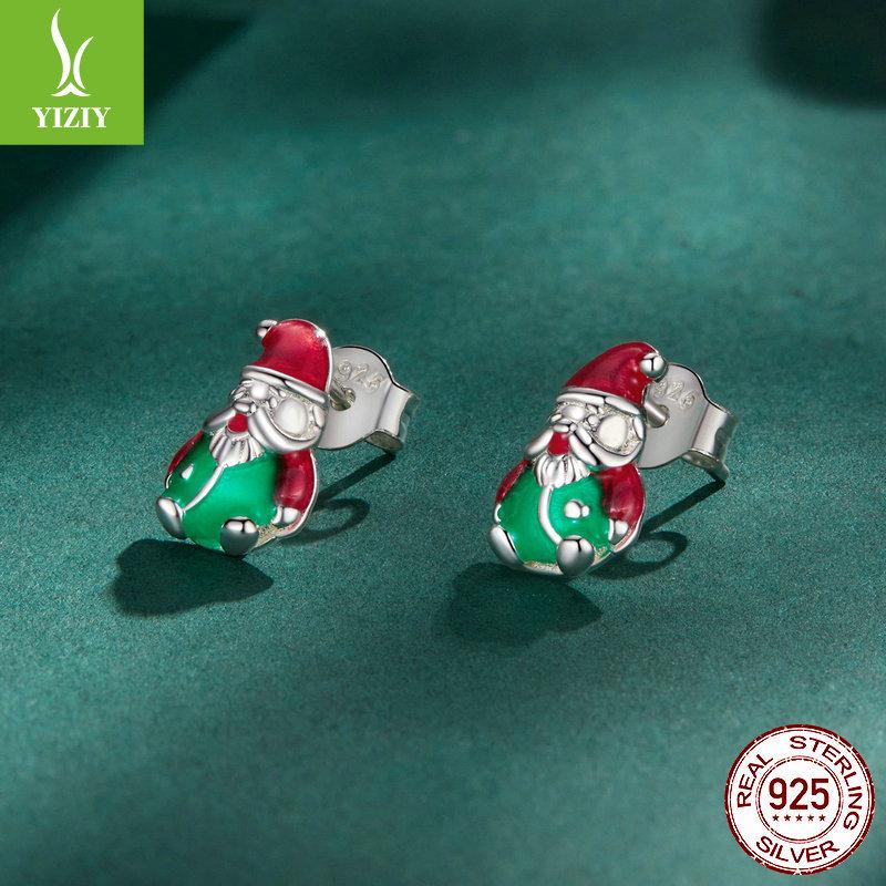 Yinziyun 925 Sterling Silver Luminous Santa Claus Stud Earrings - Trendy European & American Christmas Gift.