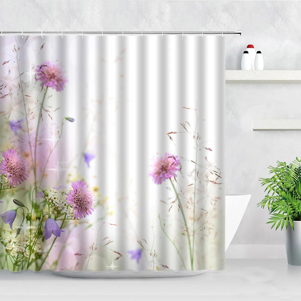 Natural Floral Shower Curtains Flowers Green Leaf Butterfly Water Color Art Nordic Modern Waterproof Bathroom Decor Curtain