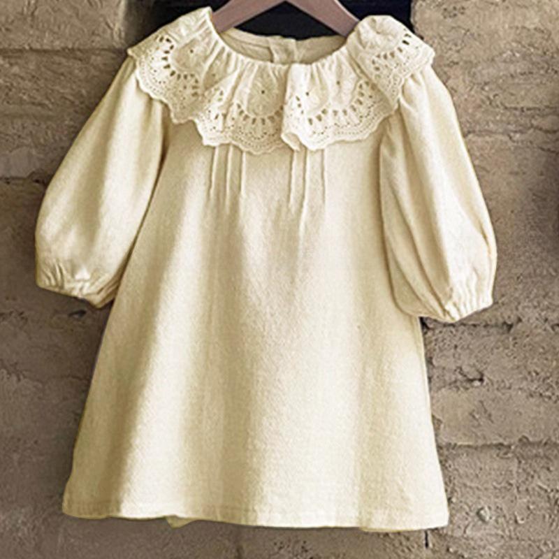 Koreański Styl Wiosna/Jesień Dziewczęca Koronkowa Sukienka Księżniczki A-Linii z Klapą z Liści Lotosu