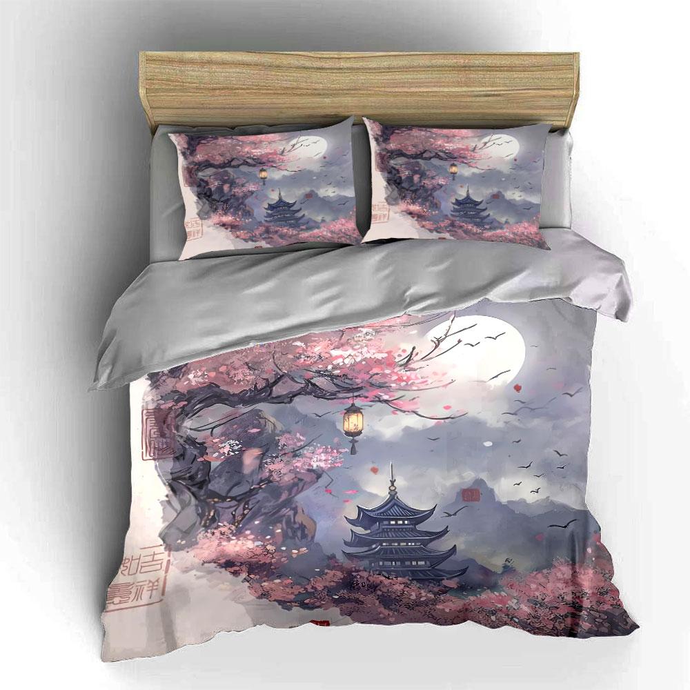 "Cherry Blossom Landscape Decoration Set" Bedding Set with 1 Duvet Cover 2 Pillowcases Single Double King Queen, Gift