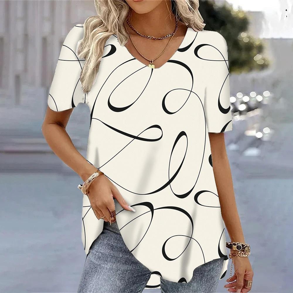 Summer V-neck Geometric & Abstract Pattern 3D Printed Top Fashionable Casual Short Sleeved Women's T-shirts