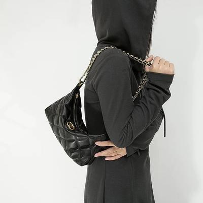 Rhombus Chain Hobo Dumpling Bag Black Sheepskin Double Circle Hardware Underarm Bag Method Stick Shoulder Bag Women