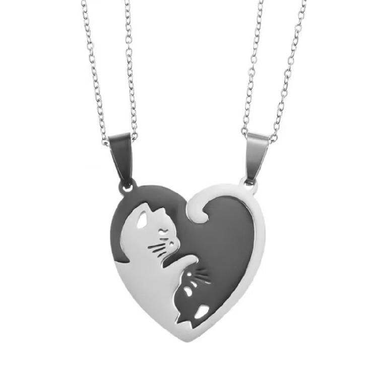 Unique Matching Kitten Necklace Titanium Steel Couple Jewelry with Secure Clasp 3.2cm Pendant Size for Daily Wear Gifting