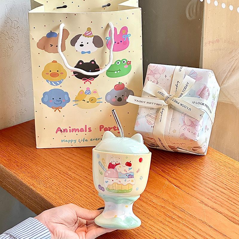 Cute Cat Goblet High Value Straw Water Cup Girls Birthday Gift Souvenir Practical Gift Box
