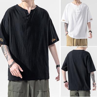 Herren T-Shirt im Imitation Baumwoll-Leinen-Stil, Locker, Kurzarm, Unifarben, Casual Top