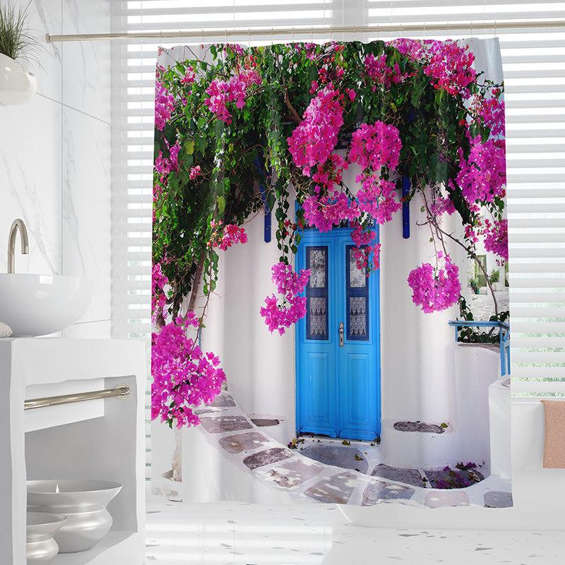 VIKAMA European-Style Garden Landscape Shower Curtain Waterproof Bathroom Partition Curtain for Wet/Dry Separation Home Decor