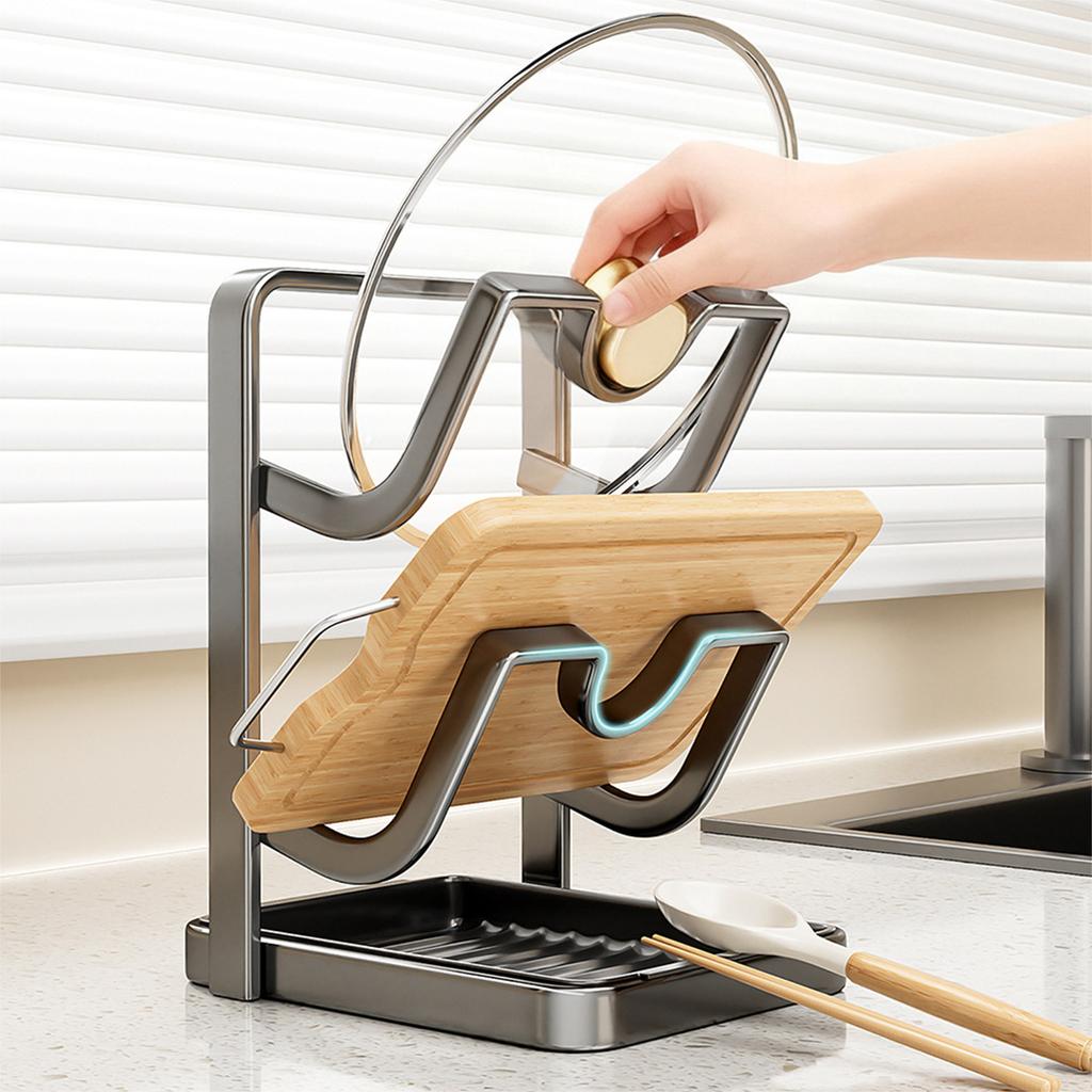 Countertop Pot Lid Organizer with Drip Tray and Spoon Rest Kitchen Pot Lid Organizer Stand for Cooking Lids and Utensils