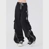 Pantalones deportivos negros de pierna ancha con cordón y bolsillos para mujer, ideales para bailar en la calle - Ropa informal de hip hop para primavera