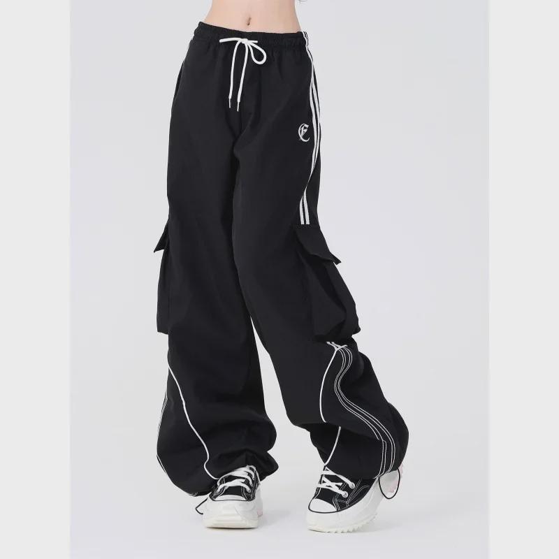 Pantalones deportivos negros de pierna ancha con cordón y bolsillos para mujer, ideales para bailar en la calle - Ropa informal de hip hop para primavera