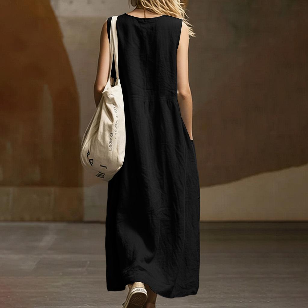 Women’s Fashion Sleeveless Crew Neck Loose Fit Cotton Linen Casual Maxi Dress with Pockets Relaxed Style