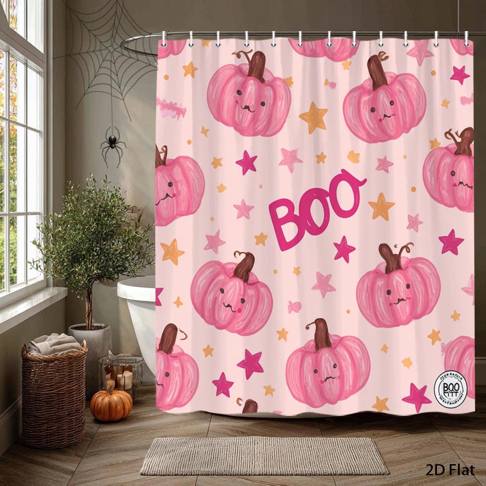 1Pc Pink Pumpkin And Boo Star Pattern Shower Curtain, Polyester Fabric, Machine Washable, Suitable For Bathroom Decor.
