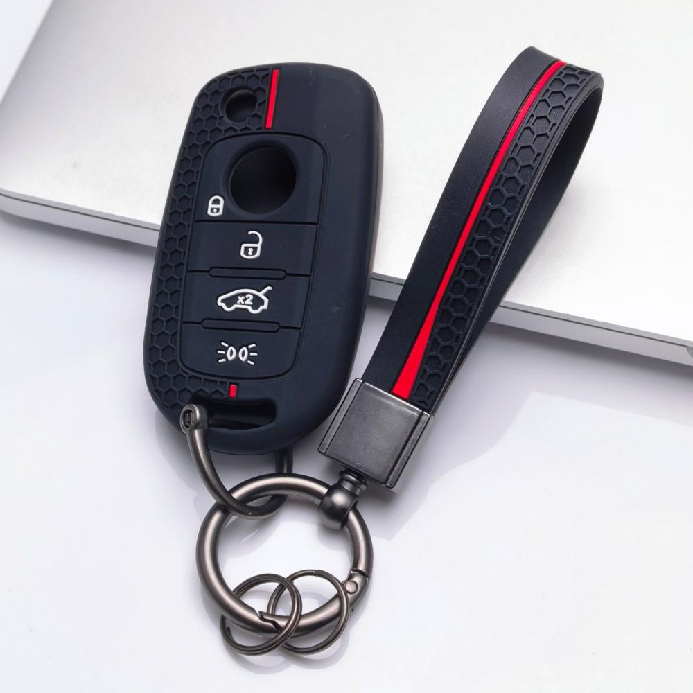 Silicone Key Fob Cover with Keychain for 4-button Flip Remote, Anti-Scratch & Anti-Drop Protective Case for Jeep Renegade Compass for Fiat 500X Toro