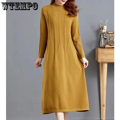 Knitted Dress for Women In Autumn and Winter Long Loose Solid Color Knee-length Sweater Dress Jacquard Half Turtleneck Sweater