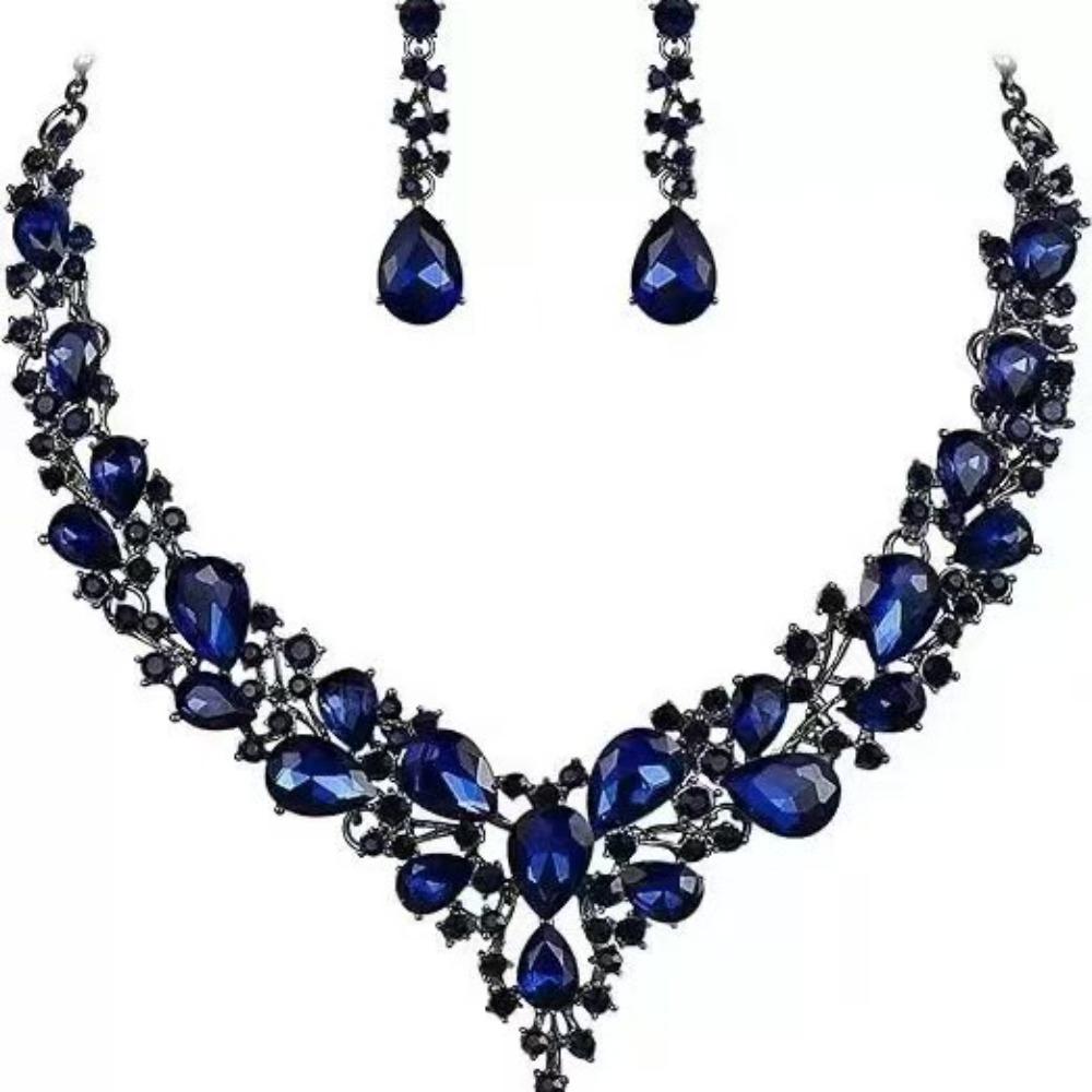 

Popular Water Drop Women s Alloy Bridal Necklace Earrings Two-piece Set New Clavicle Short Necklace