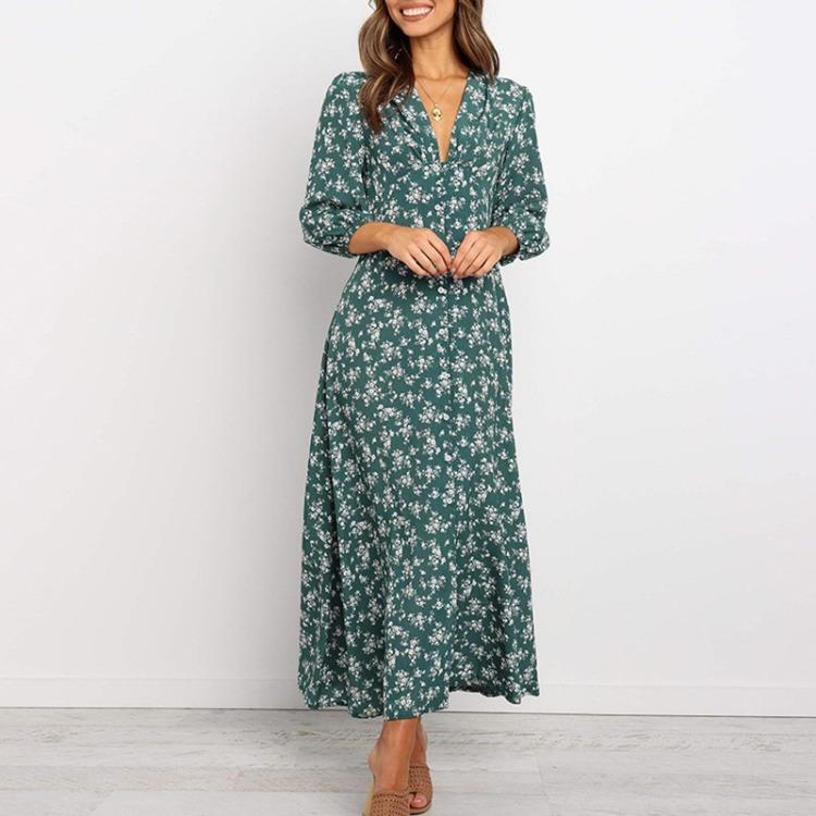 Boho Floral Maxi Dress Elegant Style Long Sleeve High Waist Loose Casual Beach Dress for Women Bohemian Printed