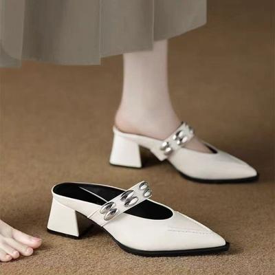Fashion Baotou Half-drag Women's Summer New Fashion Pointed Toe Shallow Mouth Metal Buckle Outside Wear Sandals and Slippers