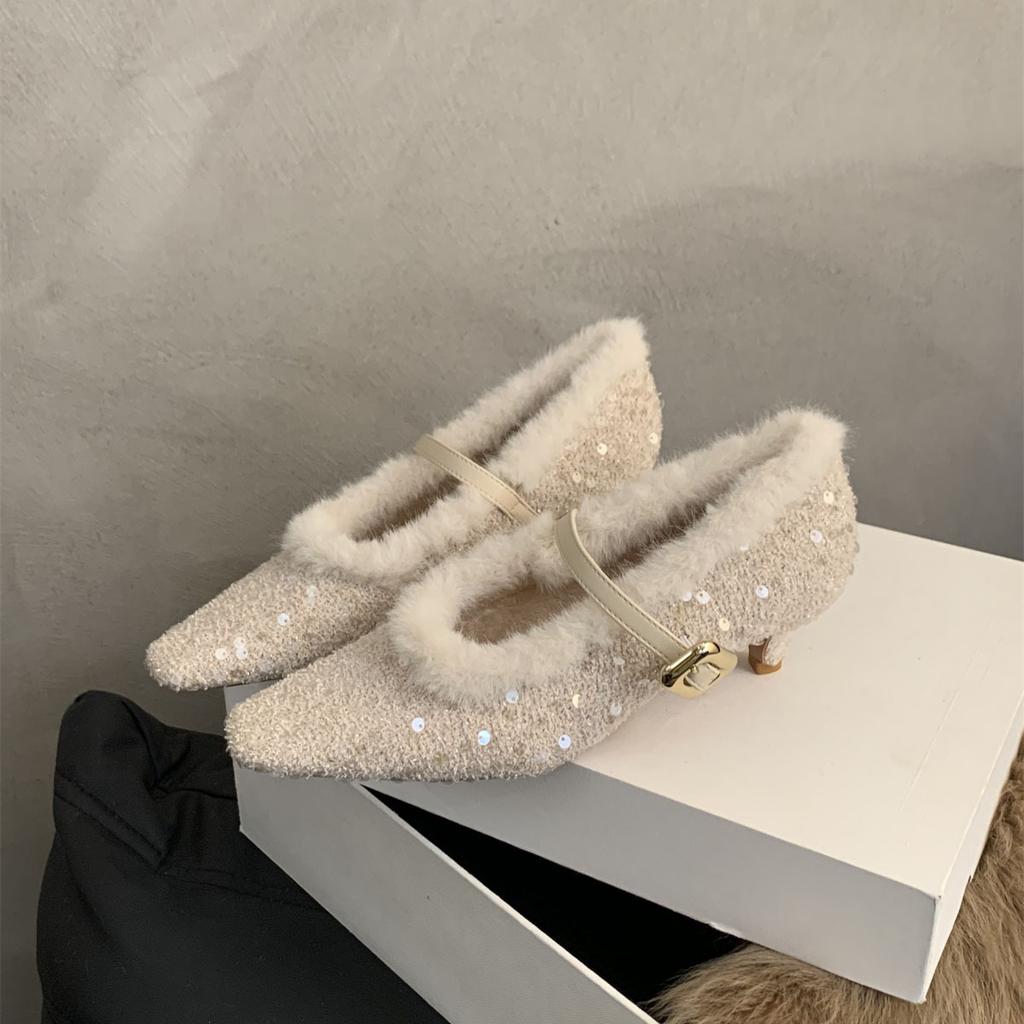 French fairy stiletto high heels 2025 Korean version of gentle temperament fluffy shoes women wear women's Mary Jane shoes