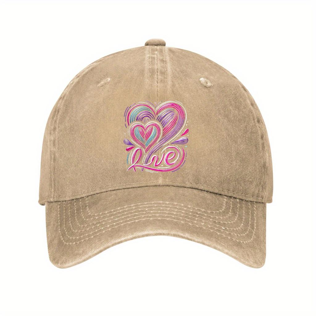 Colorful Love Heart Graphic Washed Denim Baseball Cap Unisex Cotton Casual Adjustable Outdoor Sports Hat