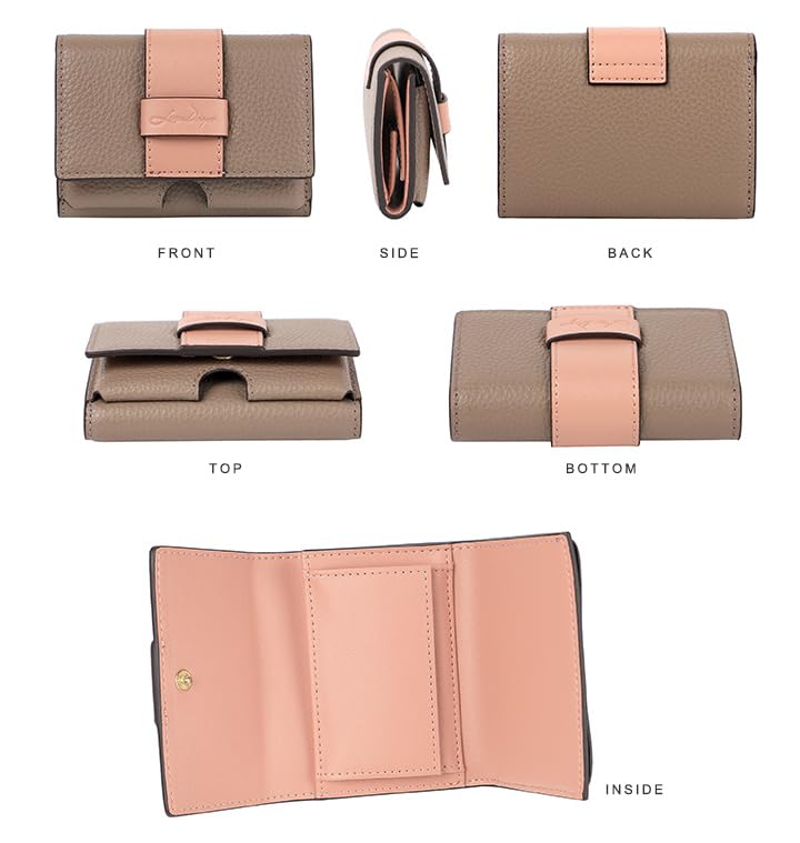 Lizdays Women's Small Mini Wallet, Genuine Leather, Bill and Coin Holder, Compact, Slim Tri-fold Wallet (Gray BeigePink Beige)