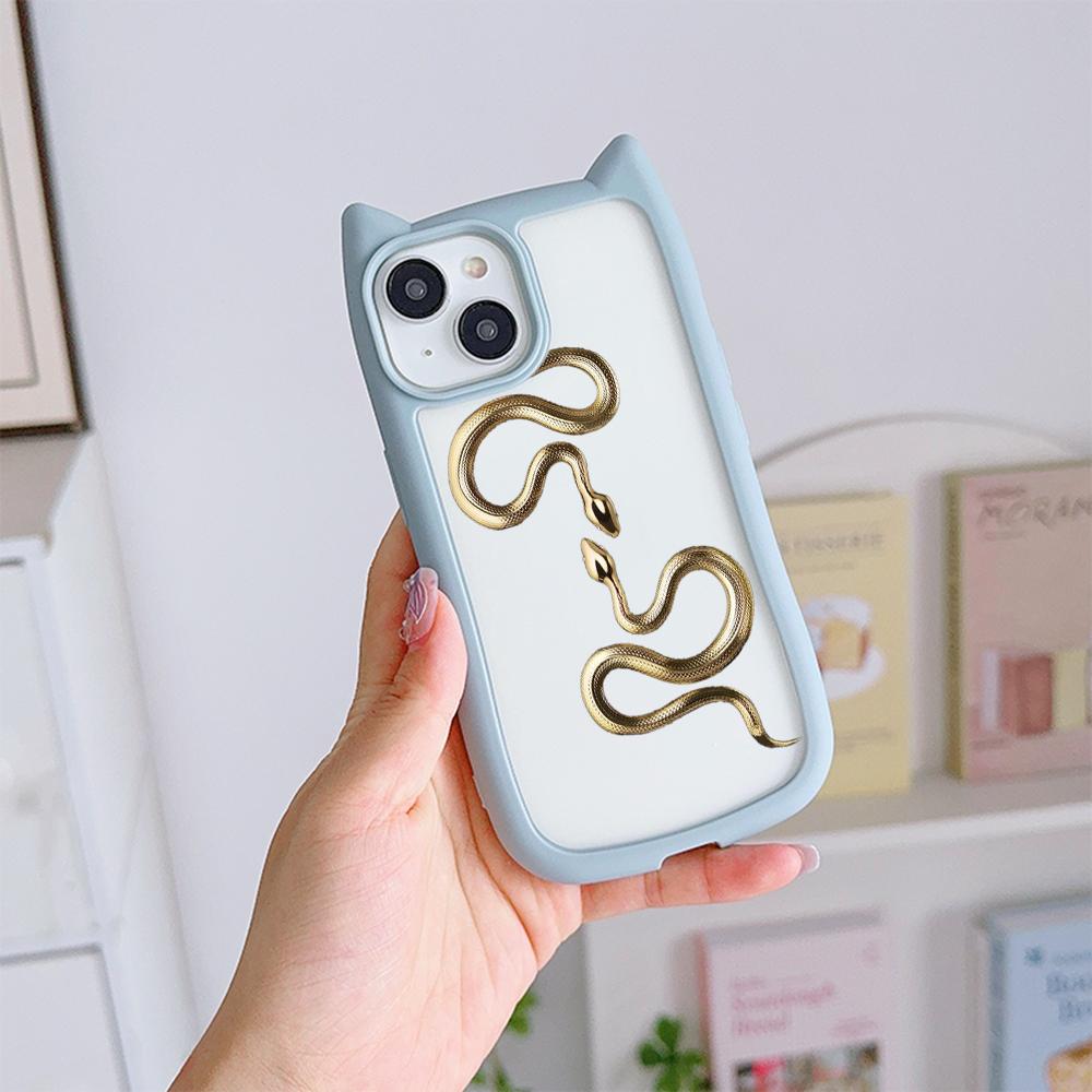 Cat Ear Soft Phone Case for iPhone 16 15 14 13 12 11 Pro Max Plus XR X TPU Anti-Drop Transparent Acrylic Back Cover NY25 Black Gold Snake design