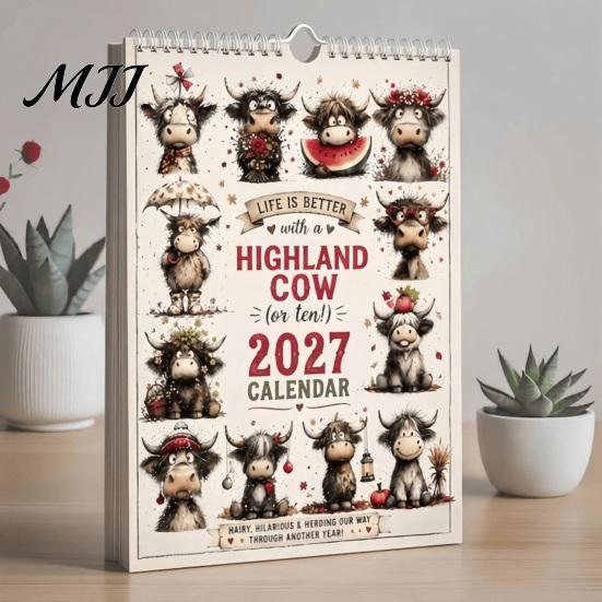 Monthly Wall Calendar Highland Cow 2027, Cute Hanging Planner for Home Holiday Gift Friends Office, Rustic Farmhouse Desk Decor, Unique Lovers