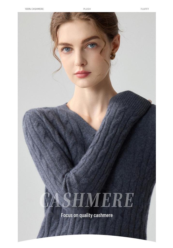 Damen Schlank geschnittener V-Ausschnitt Kaschmirpullover - Herbst/Winter Zopfmuster Langarm Einfarbige Basis Schicht