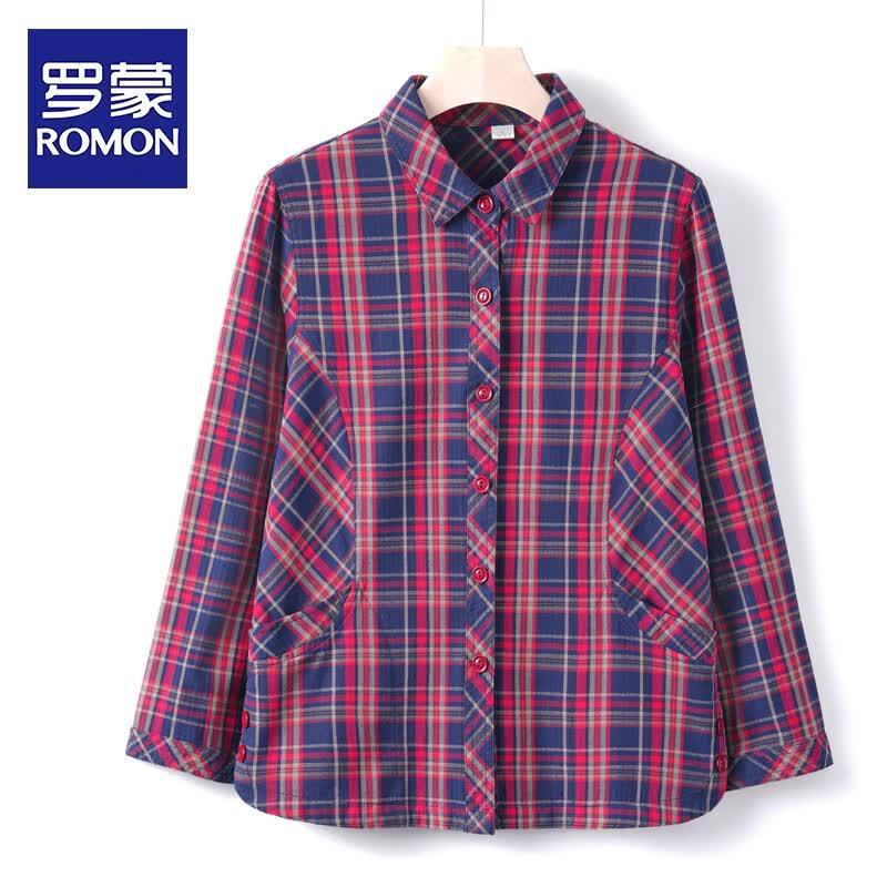 ROMON Women s Cotton Blend Denim Print Seven-Sleeve Shirt XL