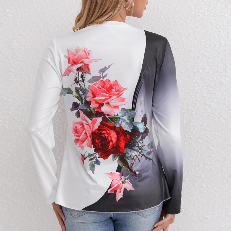 2024 Women's Floral Print Crew Neck Long Sleeve Casual Autumn T-shirt