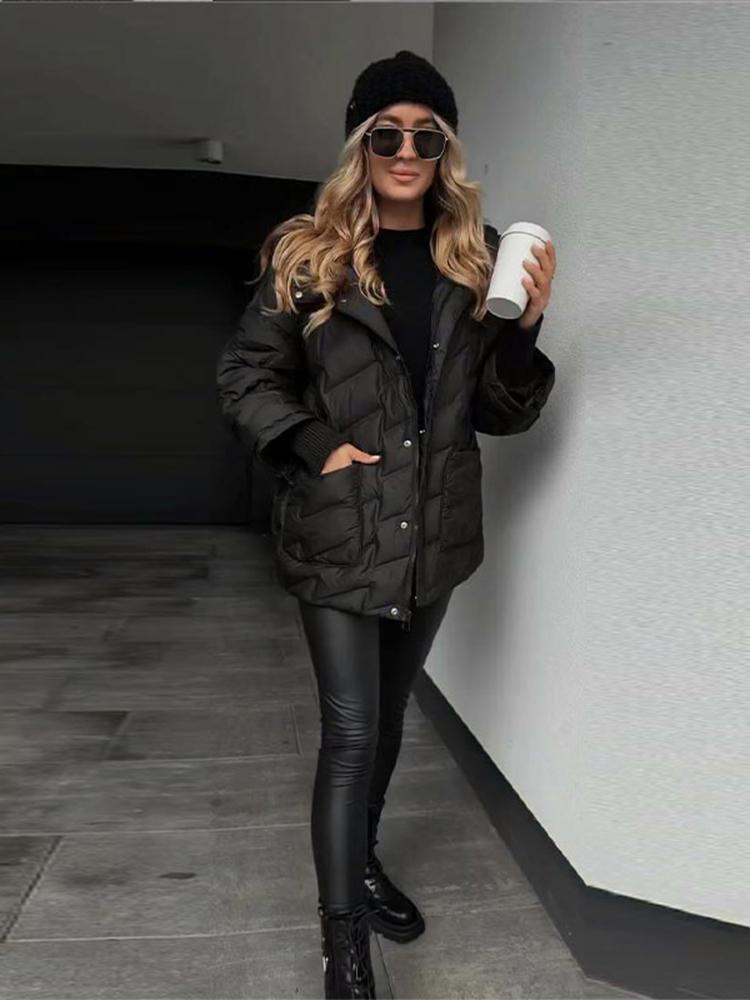 Women's Stand Up Collar Hooded Long Sleeved Zipper Glossy Thick Jacket for Winter