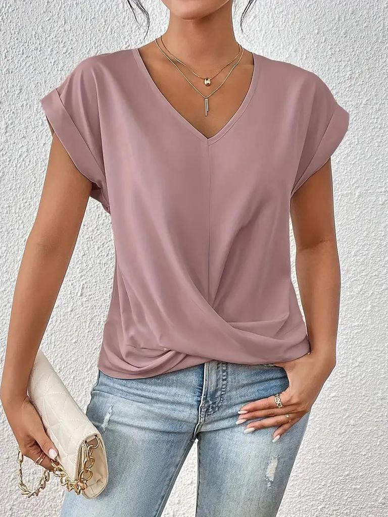 2026 Bestseller Solid V-Neck Short-Sleeve Women's T-shirt: Elegant Spring/Summer Style