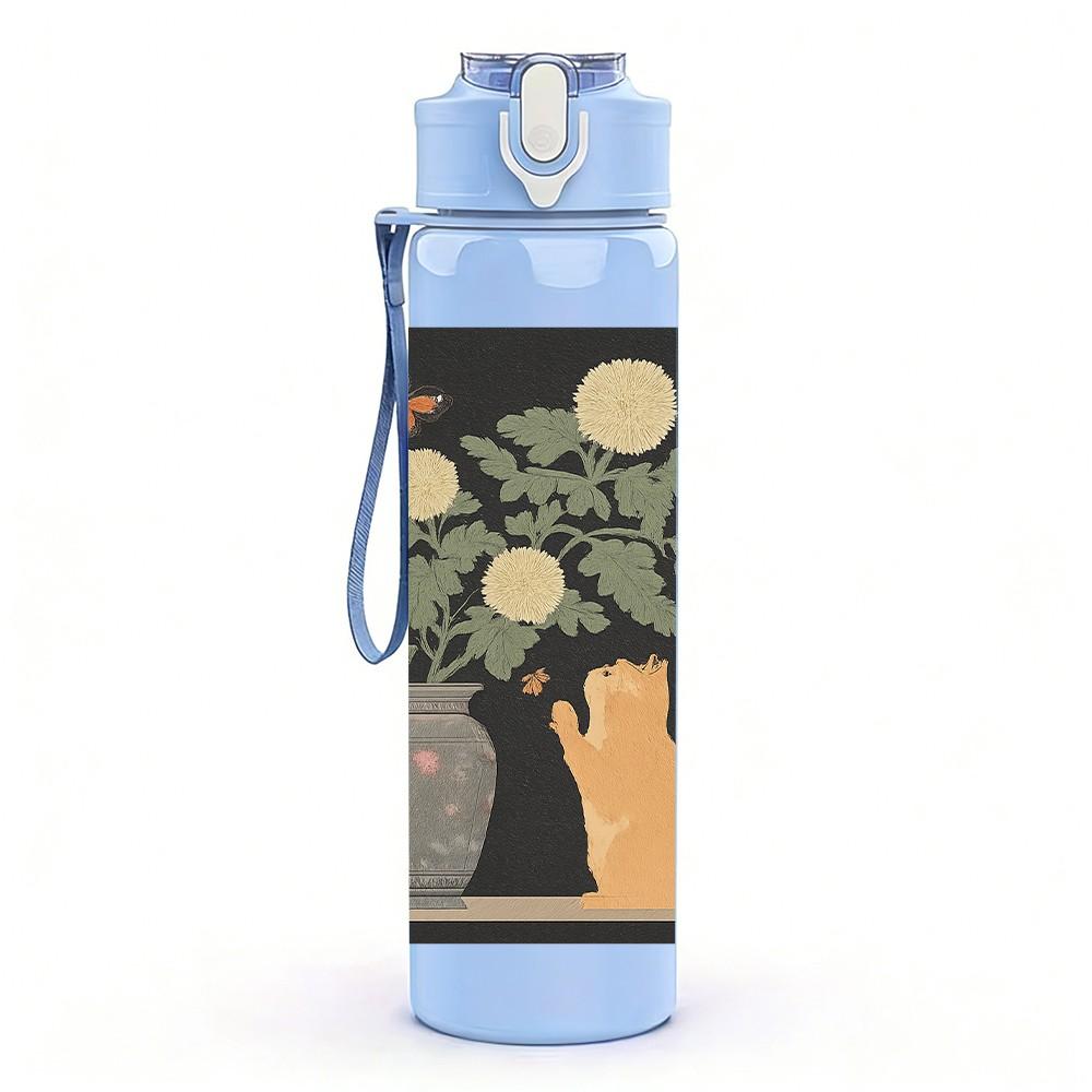 1PC Flower Vase Hand Painting 750ml Color Plastic Sports Water Bottle Leakproof Flip Straw Lid Suitable for Sports Office Home Use