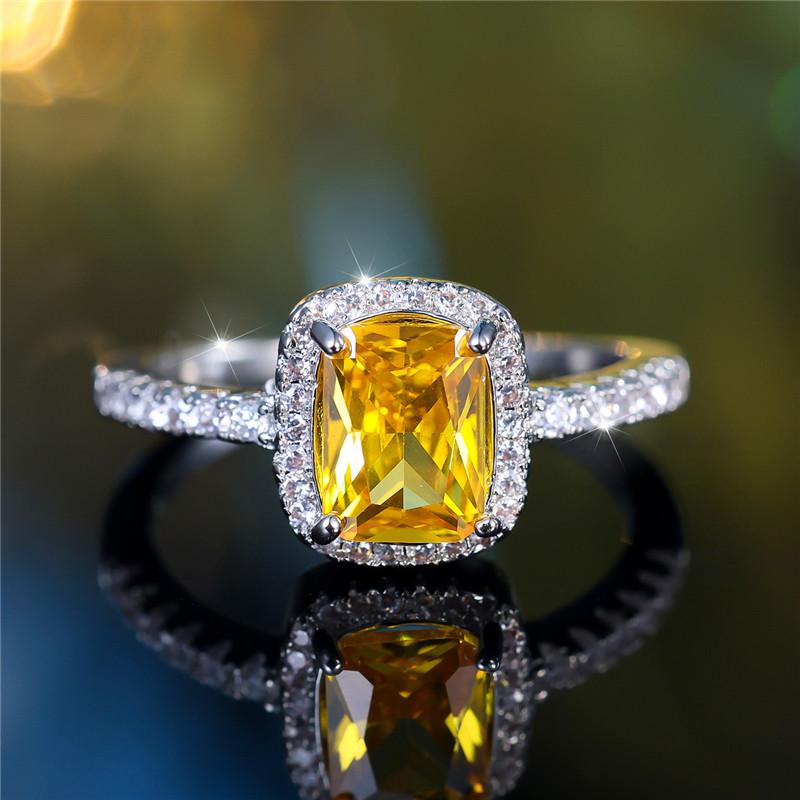 Charm Female Yellow Square Zircon Stone Ring Cute Silver Color Summer Wedding Jewelry For Women