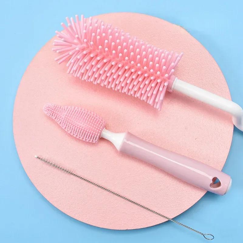 

1 Set Bottle Cleaning Three-piece Set Baby Pacifier Cup Nipple 360 Degree Rotating Brush Silicone Cleaning Accessories розовый