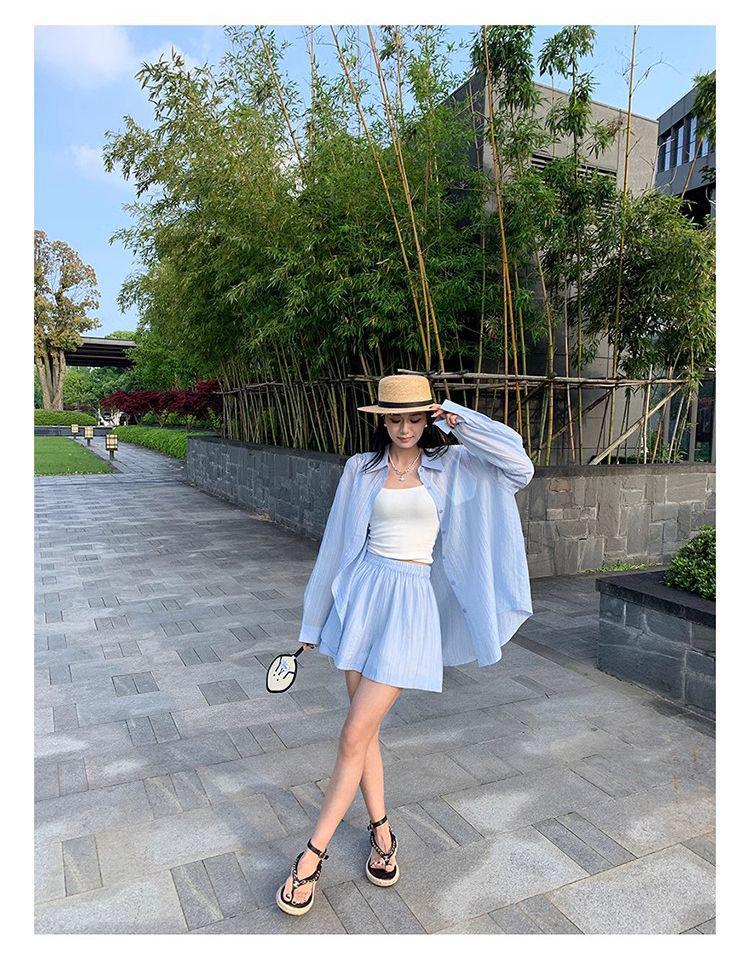 Women's Loose Casual Sports Set: Thin Sun Protection Long Sleeve Shirt & Wide Leg Shorts - New Korean Summer Style