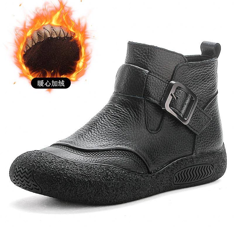 Genuine Leather Women Ankle Boots Plush Side Zipper Snow Boots Autumn/winter New Simple Retro Warm Casual Flat Mom Cotton Shoes