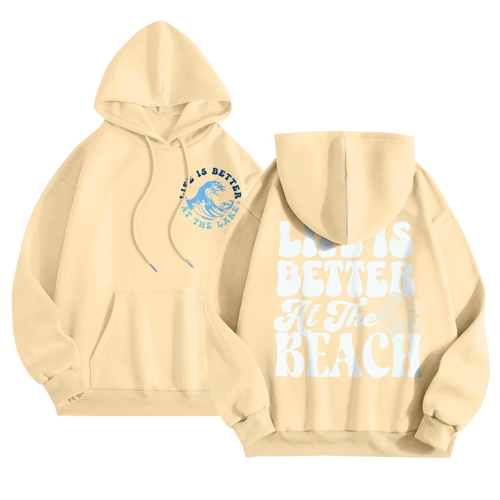 

Графические толстовки с капюшоном для женщин Милый пуловер с длинным рукавом Опрятные толстовки с капюшоном с принтом букв Осень-зима S бежевый