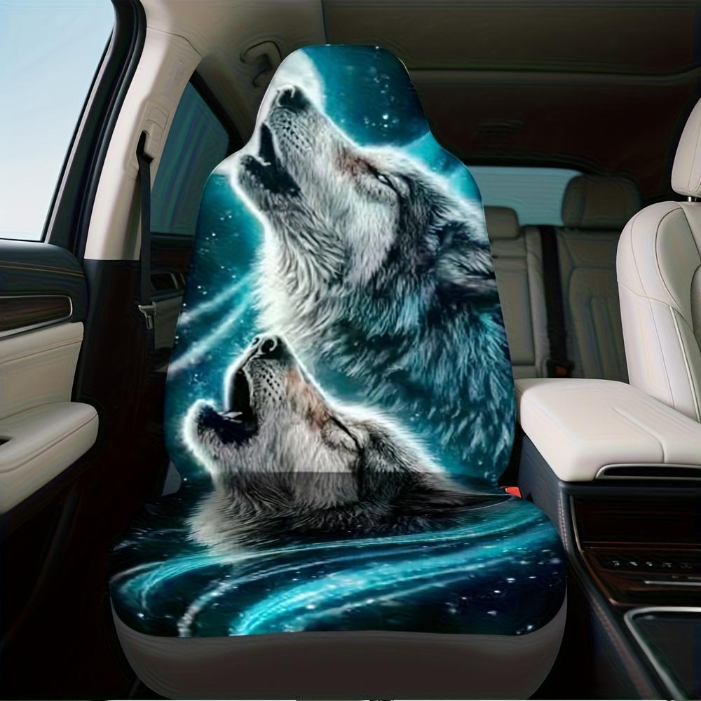 2pcs, Howling Wolves Under Moon Print Car Seat Covers, Durable And Washable, Universal Fit For Front Seats Of Cars, SUVs, And Tr