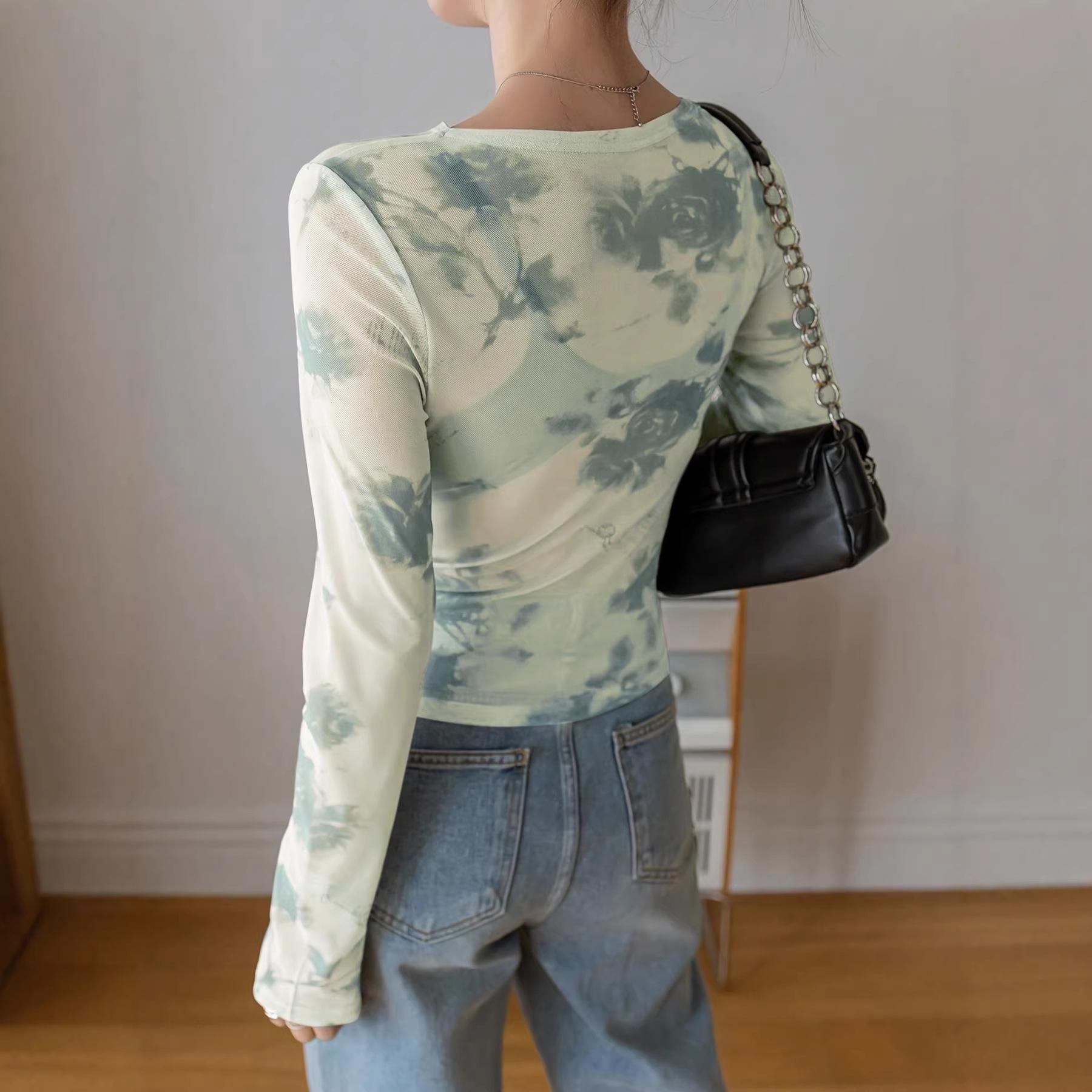 European and American cross-border spring and summer 2026 new elegant women s floral mesh printing pleated side short top women S зелёный