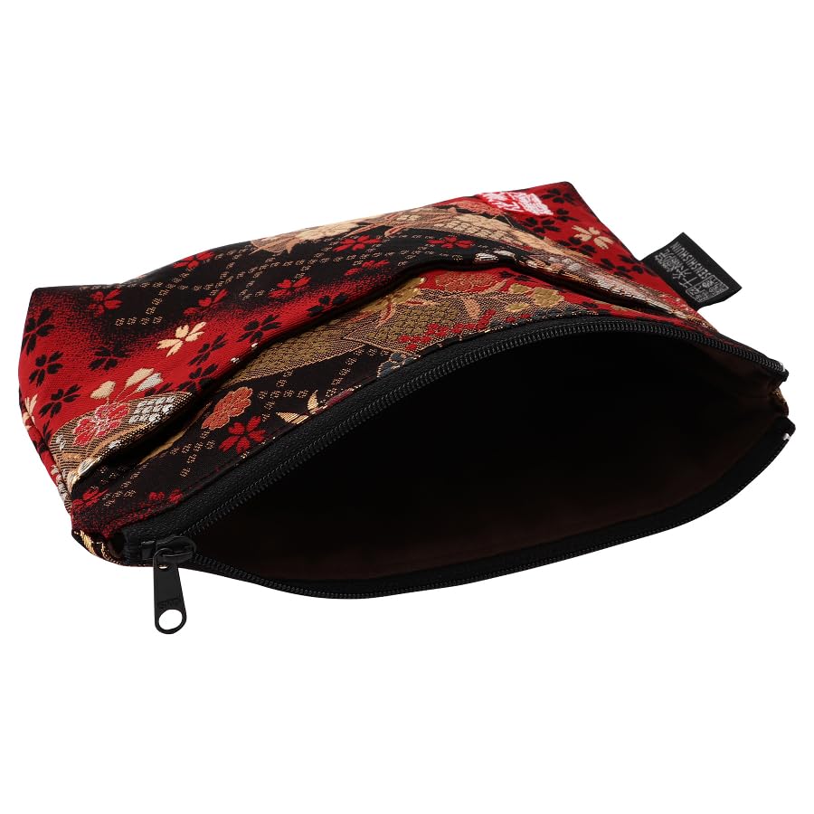 Senshishuin Nishijin Brocade Pouch with Red Fan Cherry Blossom Design (with Lining) (Small)