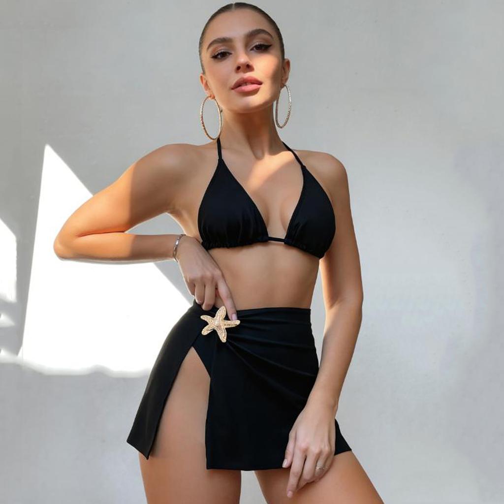 Women’s Strap High-Waisted Slit Three-Piece Bikini Set, Sexy Swimsuit, Beach Vacation Swimwear