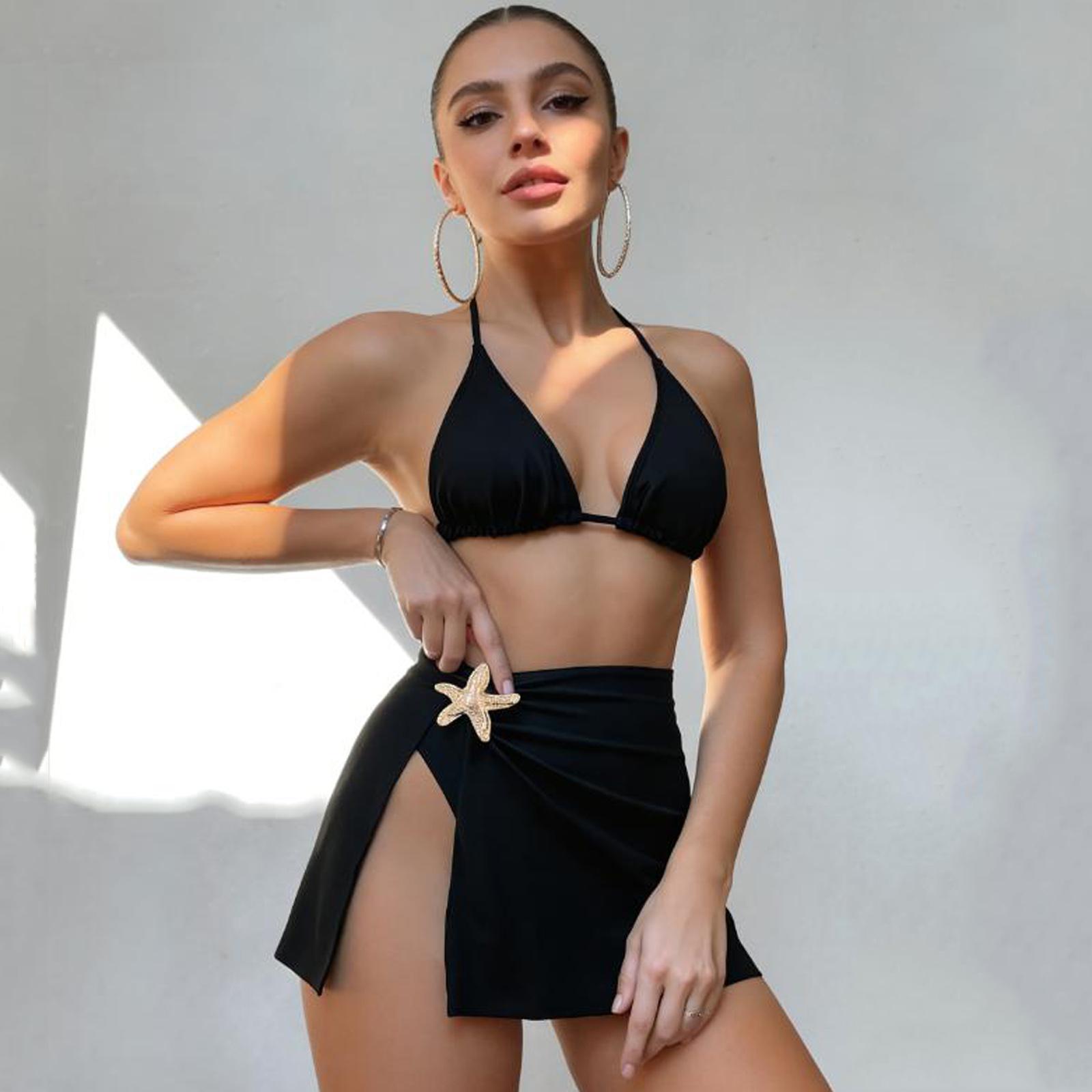 

Women’s Strap High-Waisted Slit Three-Piece Bikini Set, Sexy Swimsuit, Beach Vacation Swimwear XS