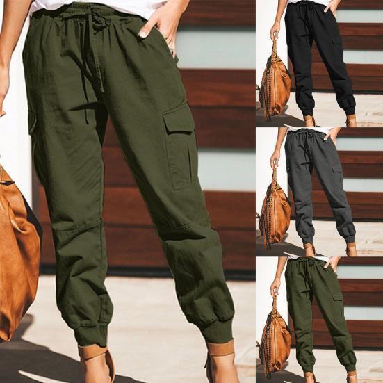 Pantaloni Cargo Monocolore Coulisse Donna Tasche Multiple Caviglia Legata per il Lavoro